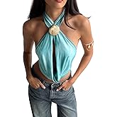 SOLY HUX Women's Backless Halter Crop Top Cowl Neck Tie Back Sexy Going Out Tops Vacation Outfits