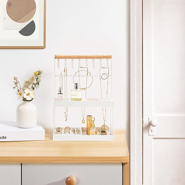 LOLALET 4-TIER JEWELRY ORGANIZER STAND WITH 12 HOOKS, NECKLACE BRACELET RING & SUNGLASSES HOLDER, CUTE METAL JEWELRY STORAGE RACK FOR VANITY, DRESSER OR ENTRYWAY, NO ASSEMBLY -WHITE