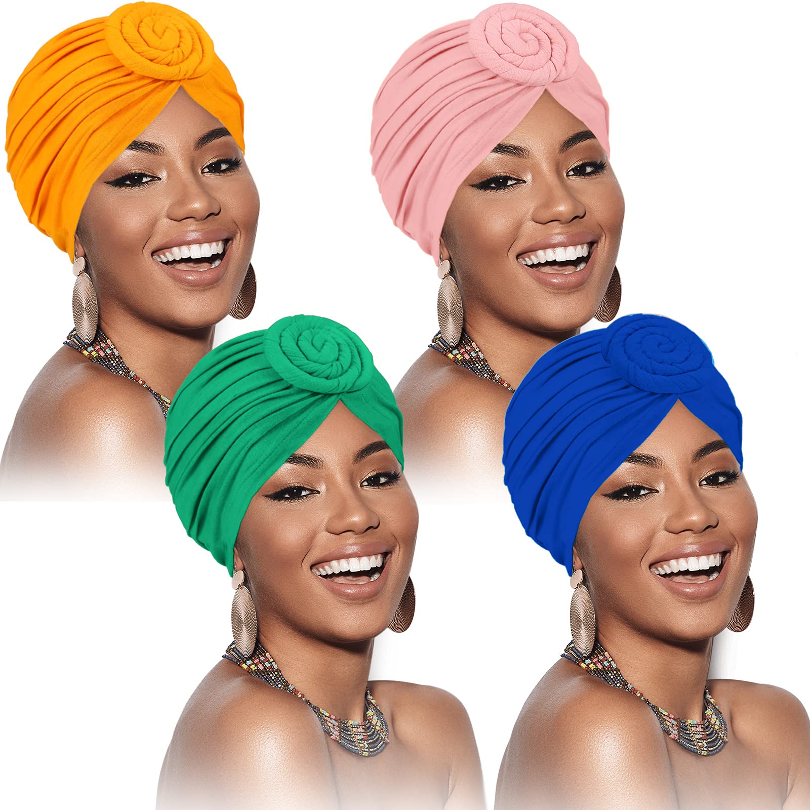 Photo 1 of ** 2 PIECES**SATINIOR 4 Pieces African Headwrap Turban for Black Women Hair Bonnet Hair Wrap Head Scarf Headwrap Hat(Green, Yellow, Blue, Camel)