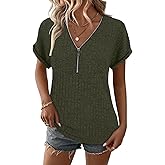 Koscacy Womens Tops Short Sleeve Zipper Tshirts Blouses Ladies Knit Solid Casual Spring Summer Tunic S-XXL
