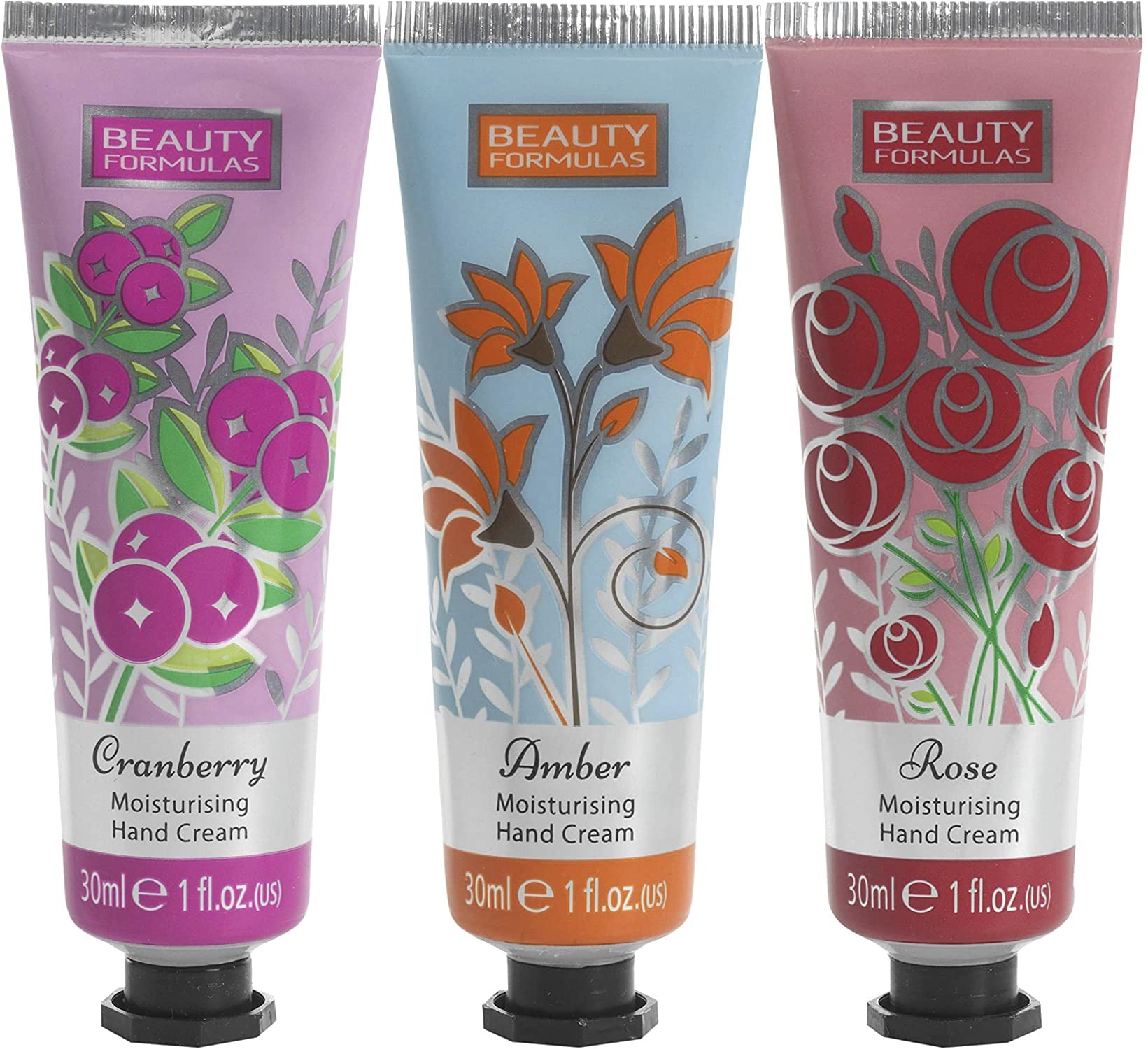 Moisturising Hand Creams Variety Pack, 3 x 30 ml, Amber, Cranberry & Rose Scents