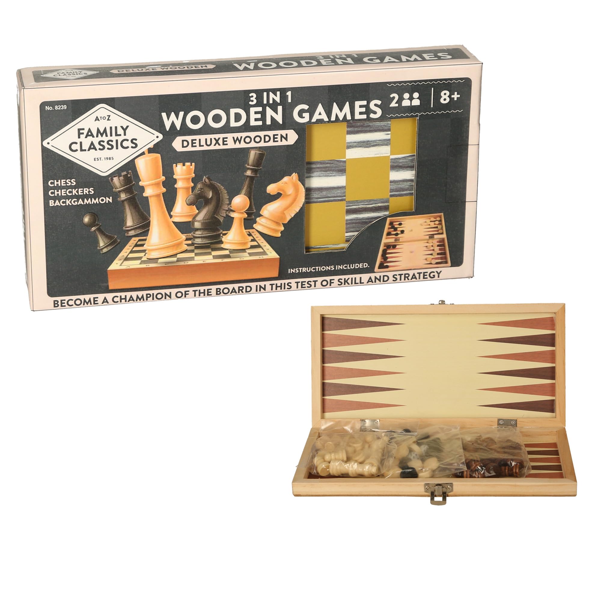 3-in-1 Deluxe Wooden Games Set, Chess Checkers Backgammon, Family Classic Board Games, Ages 8+