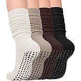 yeuG Pilates Grip Socks for Women Yoga Slouch Socks with Grip for Barre Knee High Boot Socks Long Scrunch Slipper Socks