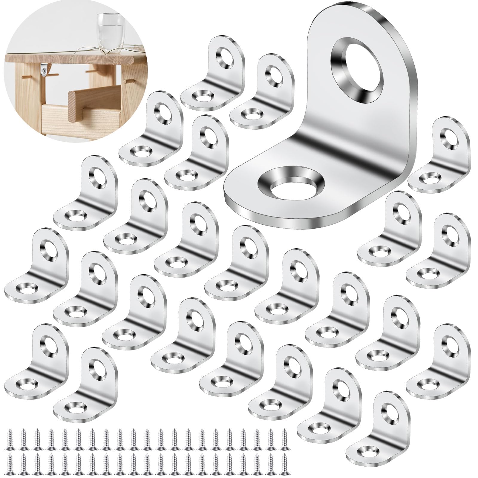 50 Pcs Angle Brackets - L Brackets for Wood 20 x 20mm, Includes 100 Screws & Spell Right Angle L Bracket Set for Furniture Shelves Chair Table Window
