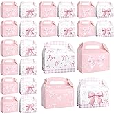 YoehMongYo 24 Pcs Pink Bow Treat Boxes, Bow Themed Treat Candy Box,Gift Boxes with Handles for Birthday Bachelorette Engagement Baby Shower Bridal Decorations Supplies