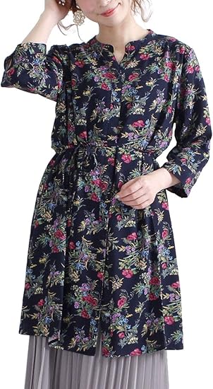 Amazon ゴールドジャパン 大きいサイズ レディース 花柄 チュニック ブラウス ロング 七分袖 ワンピース チュニック 通販