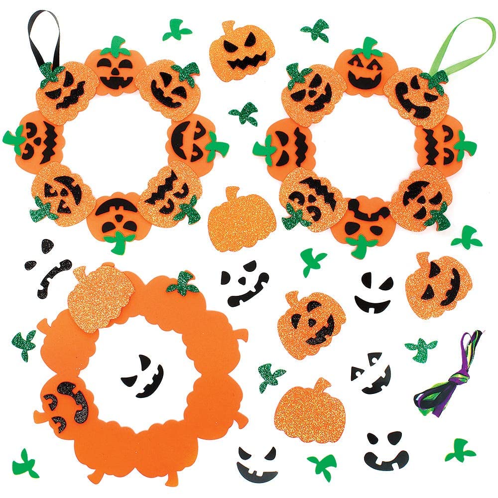 Baker Ross FX251 Pumpkin Mix and Match Wreath Kits - Pack of 3, Halloween Decoration Kids Crafts Kits, Autumn Decorations