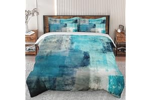 WeCozy Duvet Cover Set Queen Size, Turquoise Grey Painting Bedding Set with Zipper Closure for Kids and Adults, Contemporary Teal Gray Duvet Cover with 2 Pillowcases for Bedroom Bed Decor