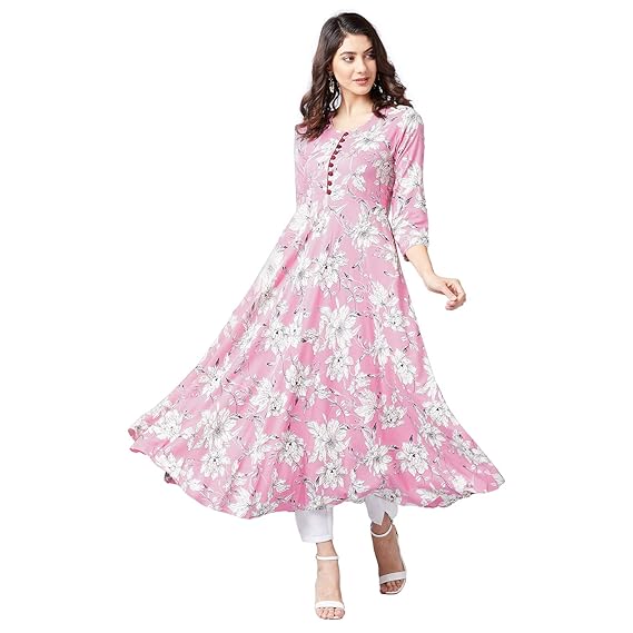 Women Pink & White Floral Printed A-Line Kurta