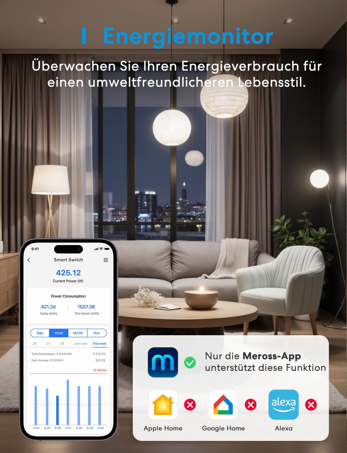 Meross MSS815 - Matter WLAN Schalter Unterputz | 10A & 1 Kanal | Neutral Erforderlich | Lichtsteuerung, Energieverbrauch & Zeitschaltuhr | Kompatibel mit HomeKit, Alexa, Google Home und Home Assistant 4