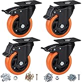ASRINIEY 4" Caster Wheels - Heavy Duty Casters Set of 4 Dual Locking Swivel | No-Mark Smooth Orange Polyurethane Wheels, Industrial Casters with Brake, Plate Castor Wheels for Carts, Furniture Workbench