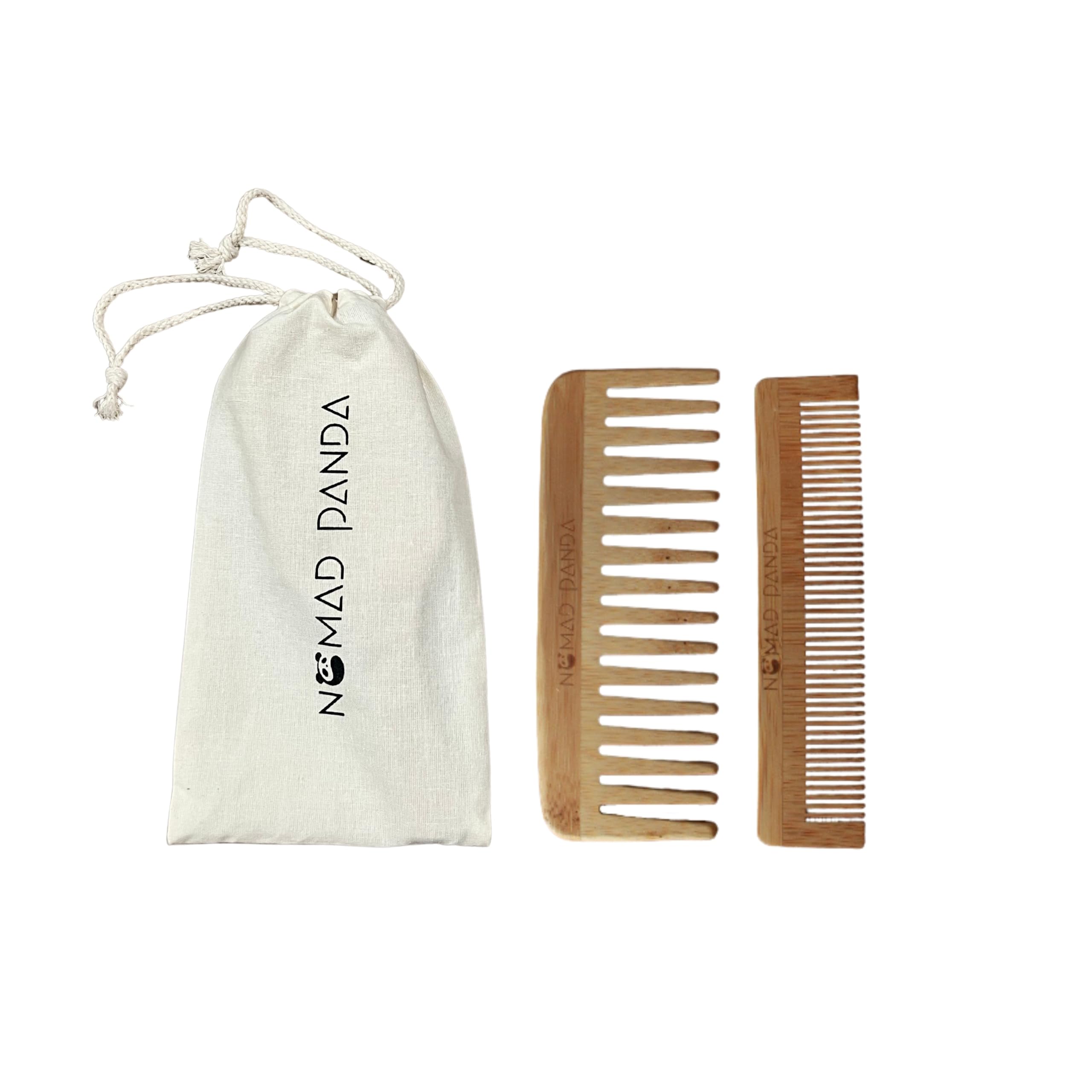 NomadPanda Bamboo Comb Set - 2 Combs, Wide & Fine Teeth, Curly Hair, Woman & Man, Travel Size