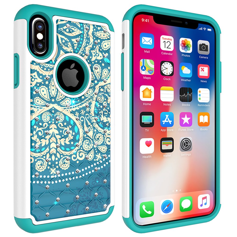 iPhone X Case, MagicSky [Shock Absorption] Studded Rhinestone Bling Hybrid Dual Layer Armor Defender Protective Case Cover for iPhone X (2017) - Flower1