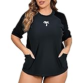Halcurt Women's Plus Size Rash Guard Short Sleeve Swim Shirt with Built in Bra UPF50+ Sun Protection Swimsuit Top