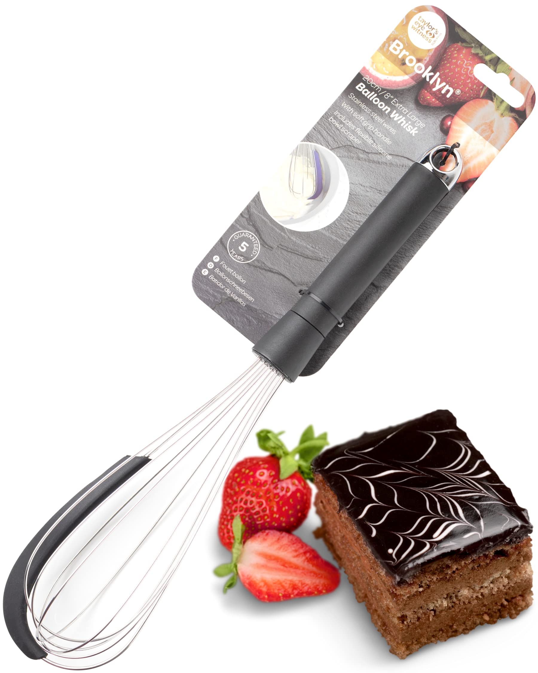 Manual Balloon Whisk Egg Beater - Froths Milk, Beats Eggs, Whips, Folds & Stirs Meringue, Batters & Sauces. Stainless Steel with Inbuilt Flexible Silicone Bowl Scraper. Extra Large. 5 Year Guarantee