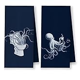 YRDBGHZDF Navy Blue Coastal Beach Octopus Hand Towels, Octopus Bathroom Decor, Nautical Ocean Animal Decorative Hand Towel for Bathroom, Coastal Beach Kitchen Towels, 16x24 Inch Set of 2
