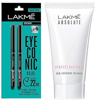 Lakme Eyeconic Kajal Twin Pack, Black, 0.35g with 0.35g & Lakme Absolute Perfect Radiance Skin Lightening Facewash, 50g