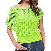 WILDPARTY Women's Casual Sexy Off Shoulder T-Shirt 80s 90s Outfit 80's Costume Fishnet Neon Shirt Summer Short Sleeve