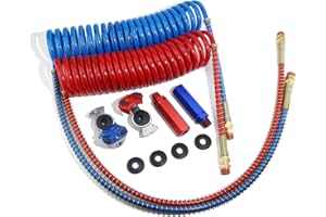 GREPSPUD 15Ft Coiled Air Brake Hoses Assembly and Accessory Kit 40'' & 12'' Pigtails Leads, Semi Truck Red Blue Coiled Air Brake Lines with Aluminum Glad Hands & Extension Handle Grips & Rubber Seals