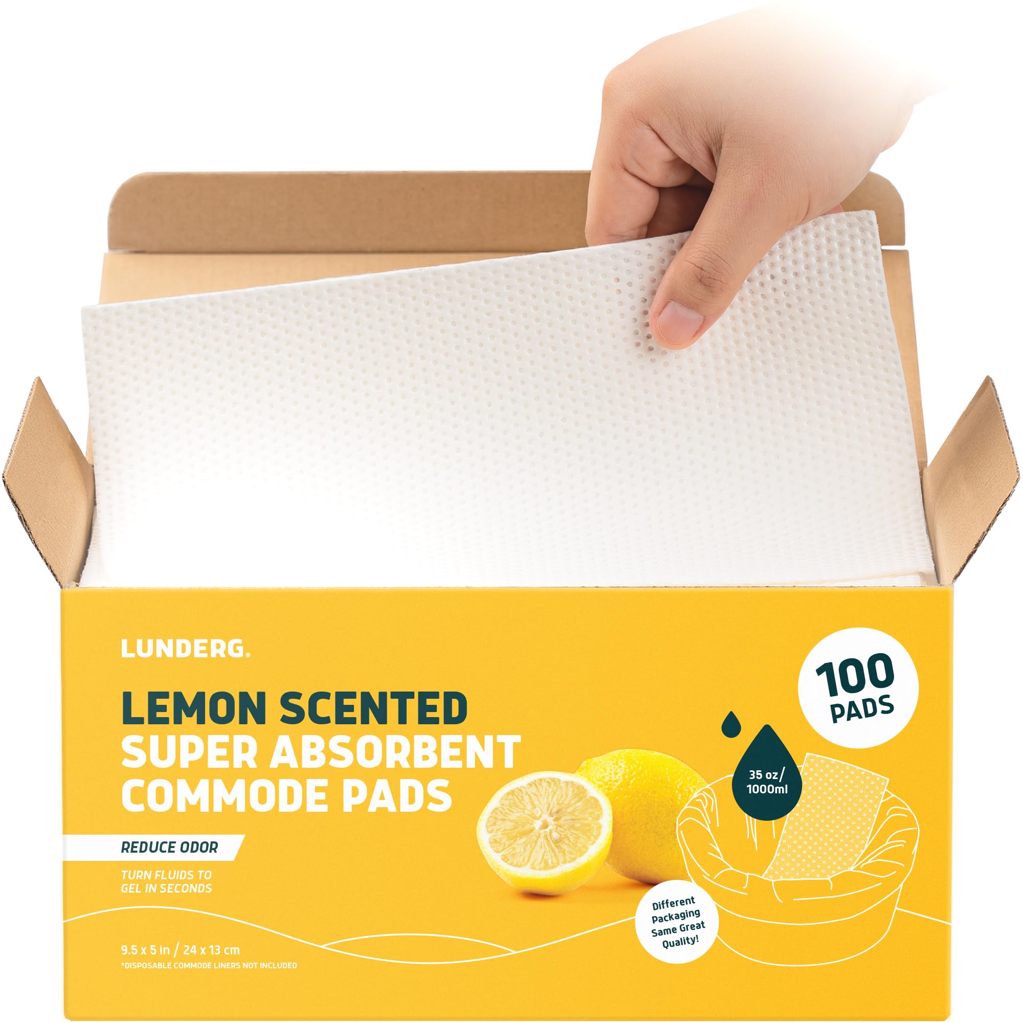 Lunderg Lemon Scented Super Absorbent Commode Pads - Medical Grade Value Pack 100 Count - for Disposable Bedside Commode Liners, Adult Chairs, Portable Buckets & Camping Toilet Bags - Light Scent