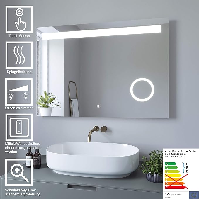 AQUABATOS Badspiegel Schminkspiegel LED Beleuchtung Dimmbar Wandspiegel Badezimmerspiegel mit