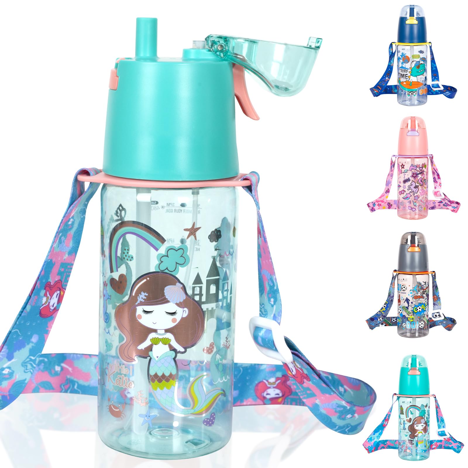 PinkSheep Kids Misting Water Bottle with Straw/Lanyard for School Girls, 20oz BPA Free Child Drinking Water Bottle 2-in-1 Mist And Sip Function Leak-Proof for School Sport Travel (Mermaid)