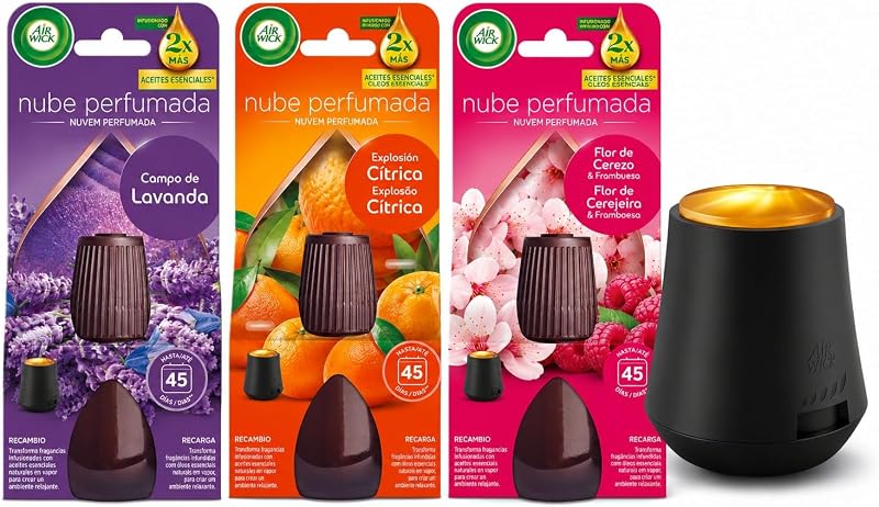 Essential Mist, Pack de ambientador difusor de aceites esenciales con aroma 3 aromas: explosión cítrica, campos de lavanda y flor de cerezo, infusionados con 2 veces más aceites esenciales