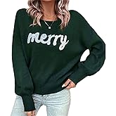 Women Cute Christmas Sweater Merry Letter Print Long Sleeve Crew Neck Knit Pullover Tops Casual Xmas Holiday Jumper