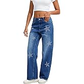 Wanduyini Women's Rhinestone Embellished Straight Leg Jeans Star Sparkling Denim Pants for Parties Night Out Casual Glam