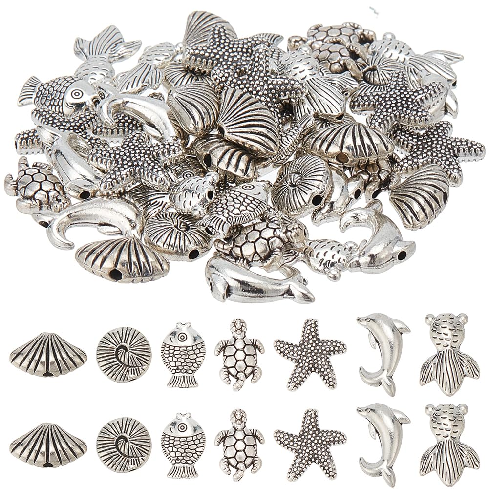 SUNNYCLUE 70PCS 7 Styles Silver Sea Beads Marine Beads Sea Ocean Animal Summer Hawaii Turtle Fish Shell Animals Alloy Metal Loose Spacer for Jewellery Making Beading Kit Bracelets Supplies
