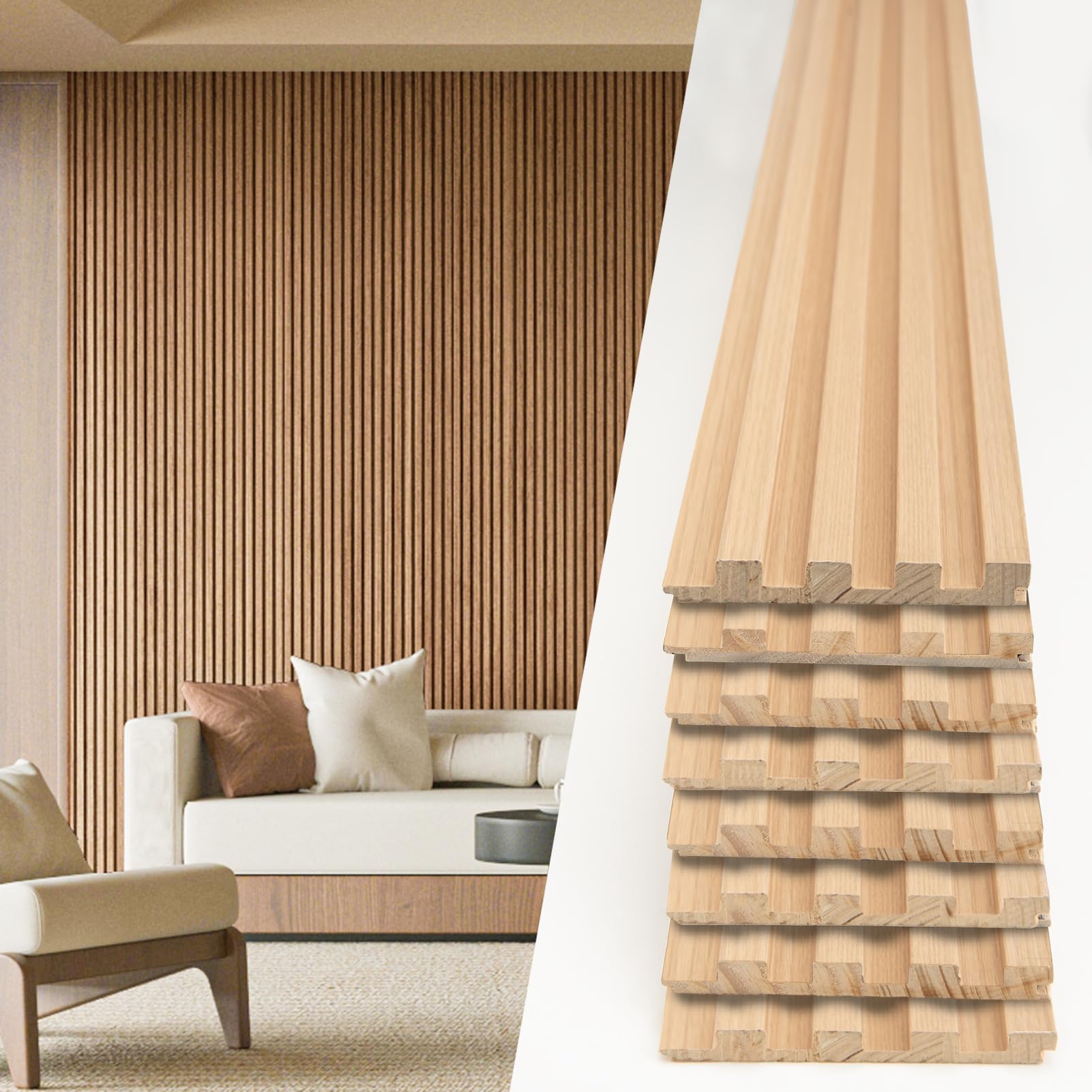 Photo 1 of Art3d Slat Wood Wall Paneling - 108 x 5.7 x 0.7in, Pack of 8pcs + 1pc End-Trim for Interior and Ceiling Decor, Oak