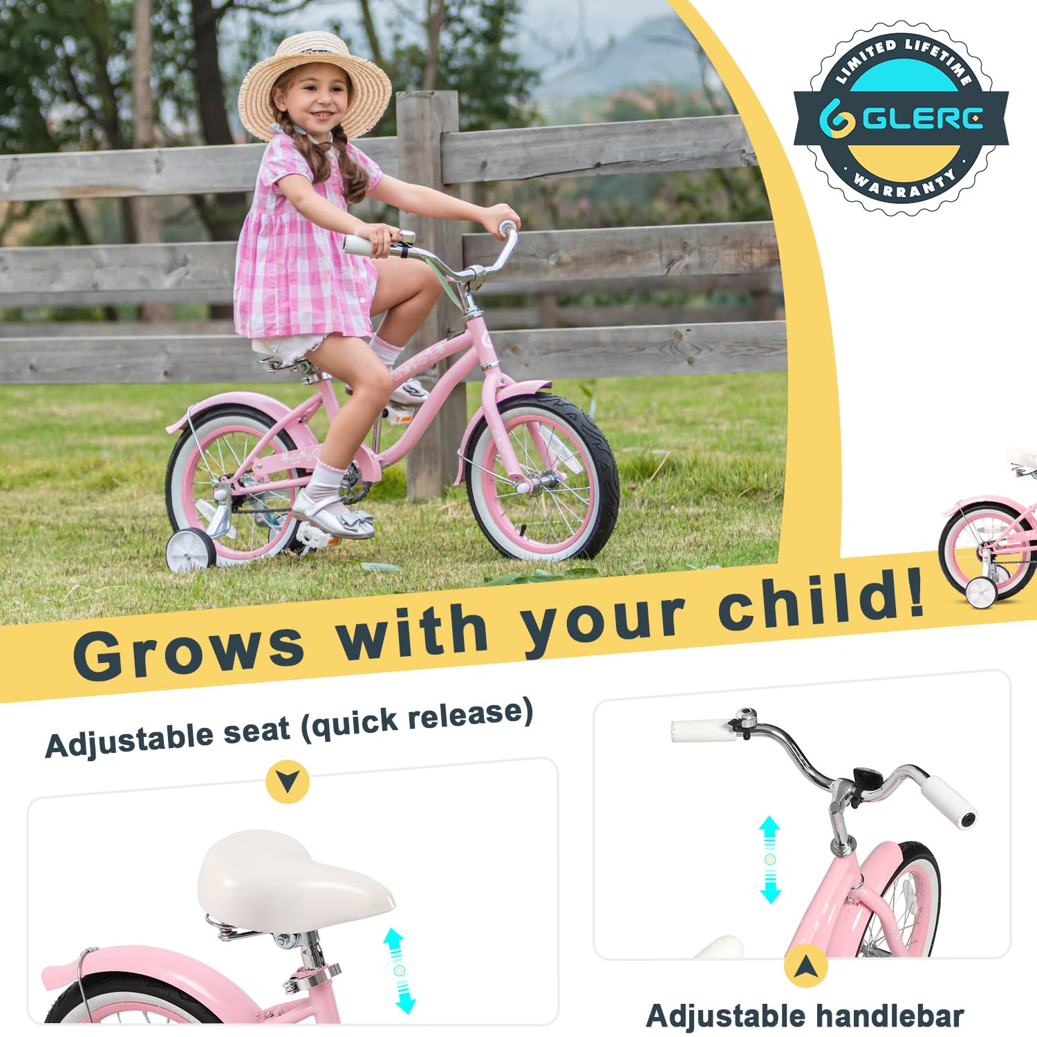 Glerc Sunday 12-20 Inch Kids' Cruiser Bicycles for 1-12 Years Old with Training Wheels/Kickstand, Multiple Colors