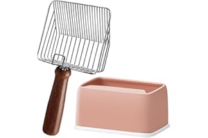 Morrean Metal Cat Litter Scoop with Holder, Stainless Steel Litter Scooper, Kitty Poop Scooper with Wooden Handle, Fast Sifting & Fine Sifting, Heavy Duty Deep Shovel - Silver with Ross Holder