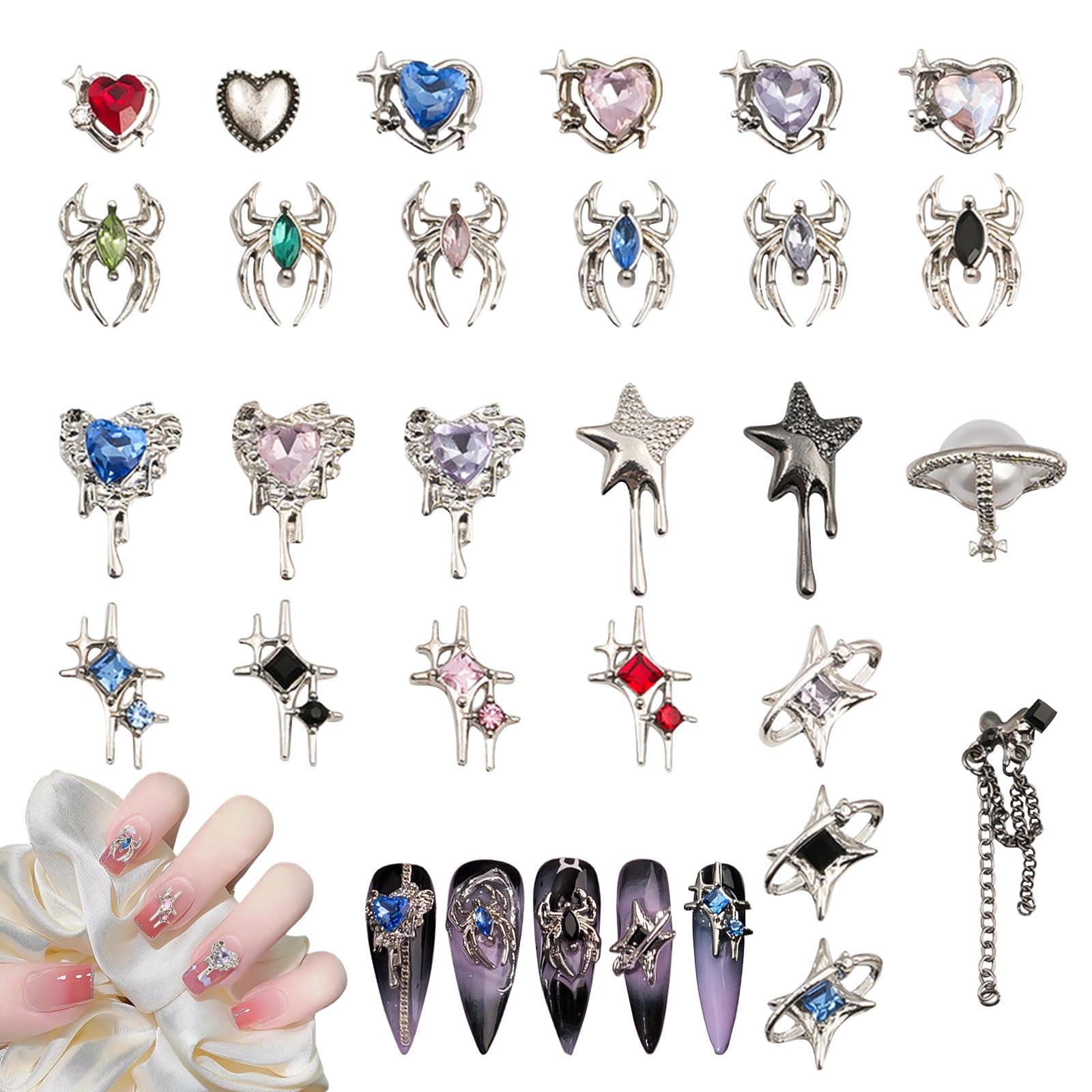 Symphonyw Halloween Nail Charms, 26 Pcs Mixed (Stars, Hearts, Spiders) Metal Alloy Nail Jewelry, Multi-Colored A