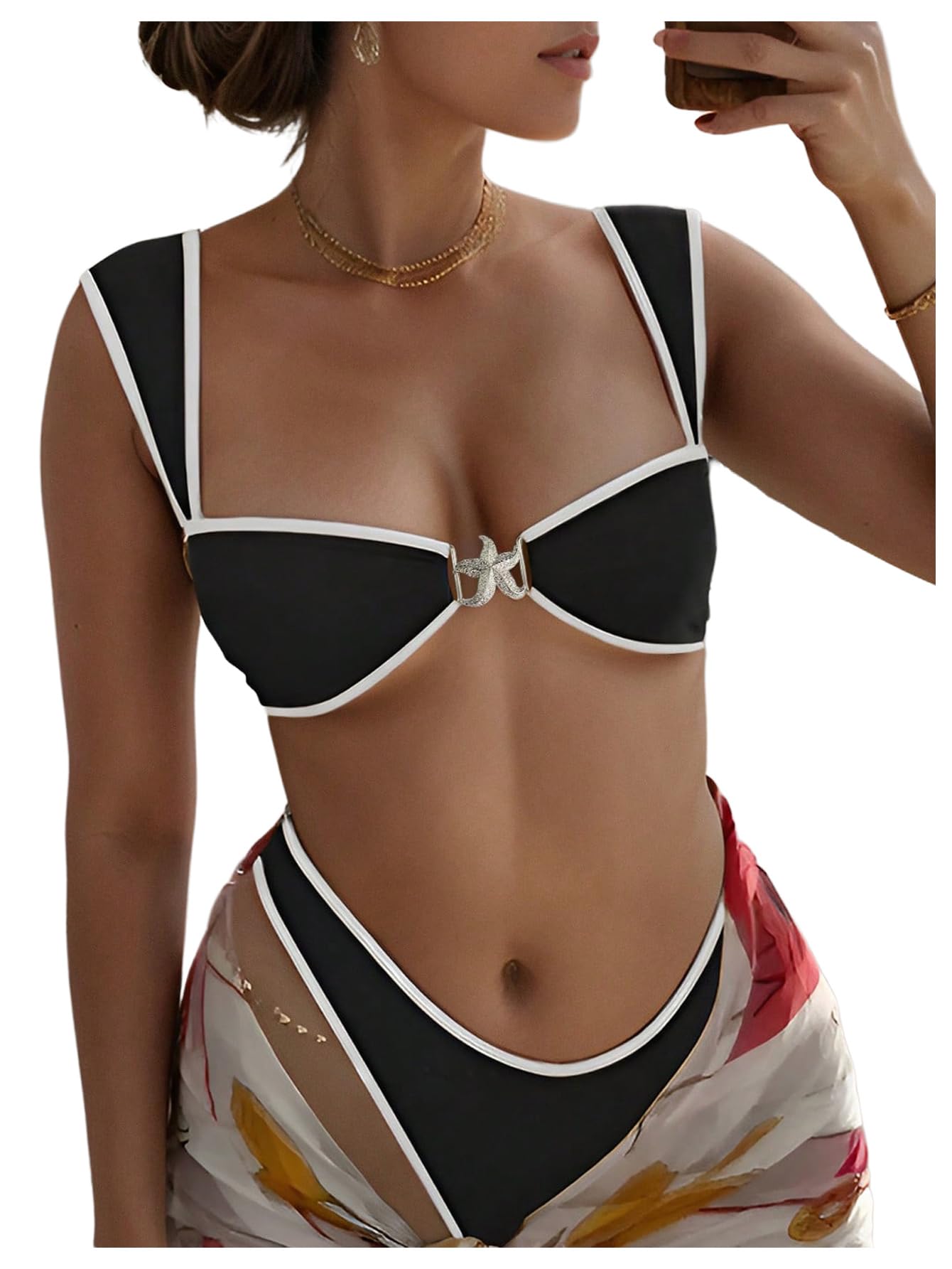 Photo 1 of WDIRARA Women's 2 Piece Metal Starfish Brazilian Thong Bathing Suit Cheeky Bikini Set Swimsuit Black Medium