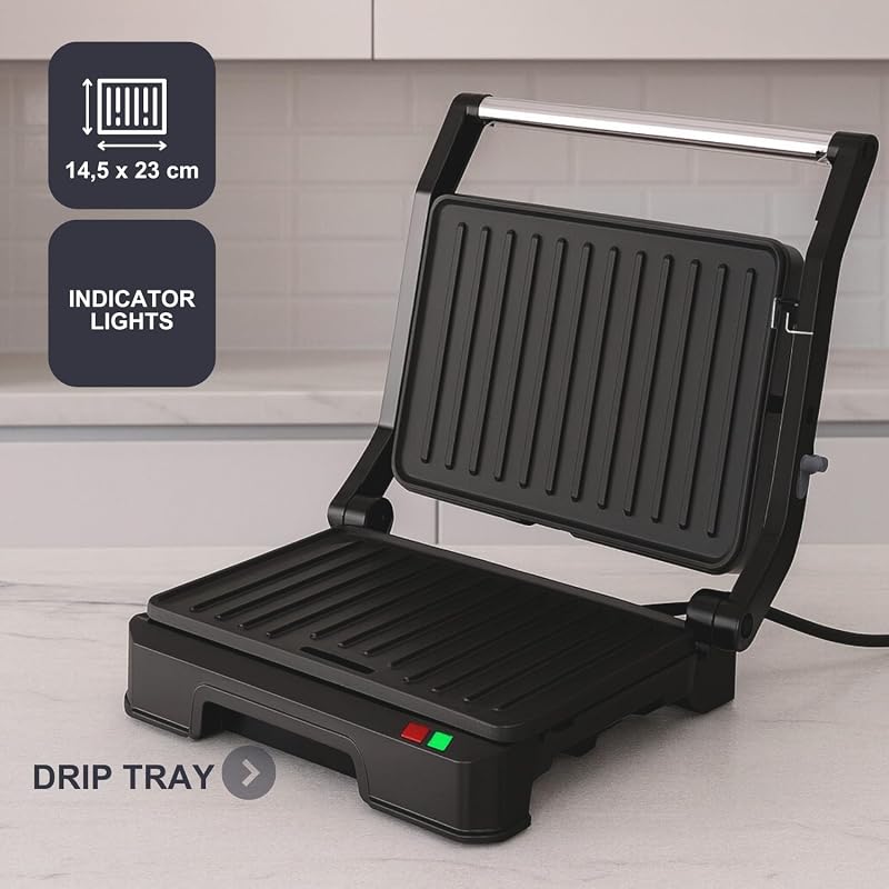 - Parrilla Grill 1000W, Apertura 180°, Antiadherente, Plancha