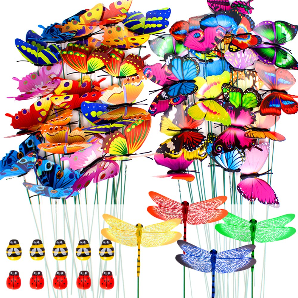 SNAILGARDEN 60 Pcs Garden Butterflies & Dragonflies Stakes Set - Ladybug & Bee Ornaments on Sticks for Patio, Plant, Garden, Party, Lawn & Yard Decoration