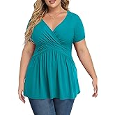 TIANZHU Women's Plus Size Dressy Tops Wrap Shirt Short Sleeve Tunic Top V Neck Low Cut Cute Blouse
