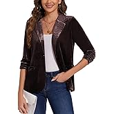 MINTLIMIT Women's Casual Velvet Blazer Notched Lapel Button Front Blazer Jacket 3/4 Ruched Sleeve Jacket Coat Blazers (Brown, Size 2XL)