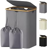 Lifewit 145L Laundry Basket with Lid - 2 Removable Bags, Bamboo Handles
