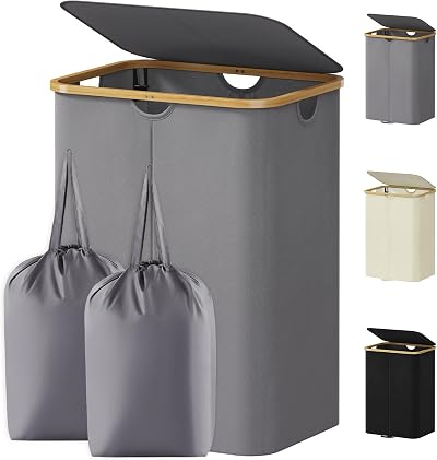 Lifewit 145L Laundry Basket with Lid - 2 Removable Bags, Bamboo Handles