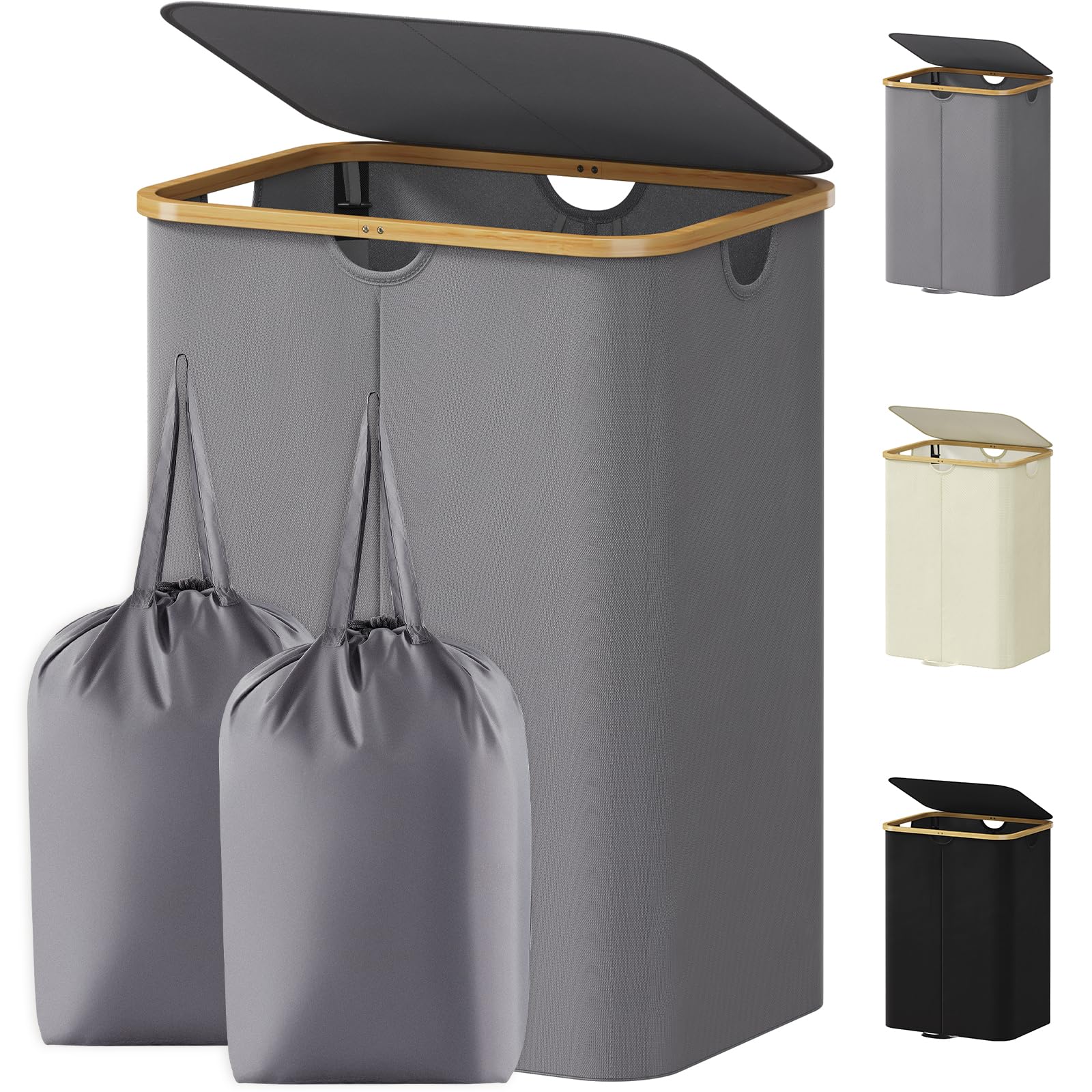 Lifewit 145L Laundry Basket with Lid, Double Dirty Clothes Bin with Bamboo Handles and 2 Removable Bags, Large Foldable Washing Basket for Bedroom, Bathroom, Dorm, Laundry Room, Grey
