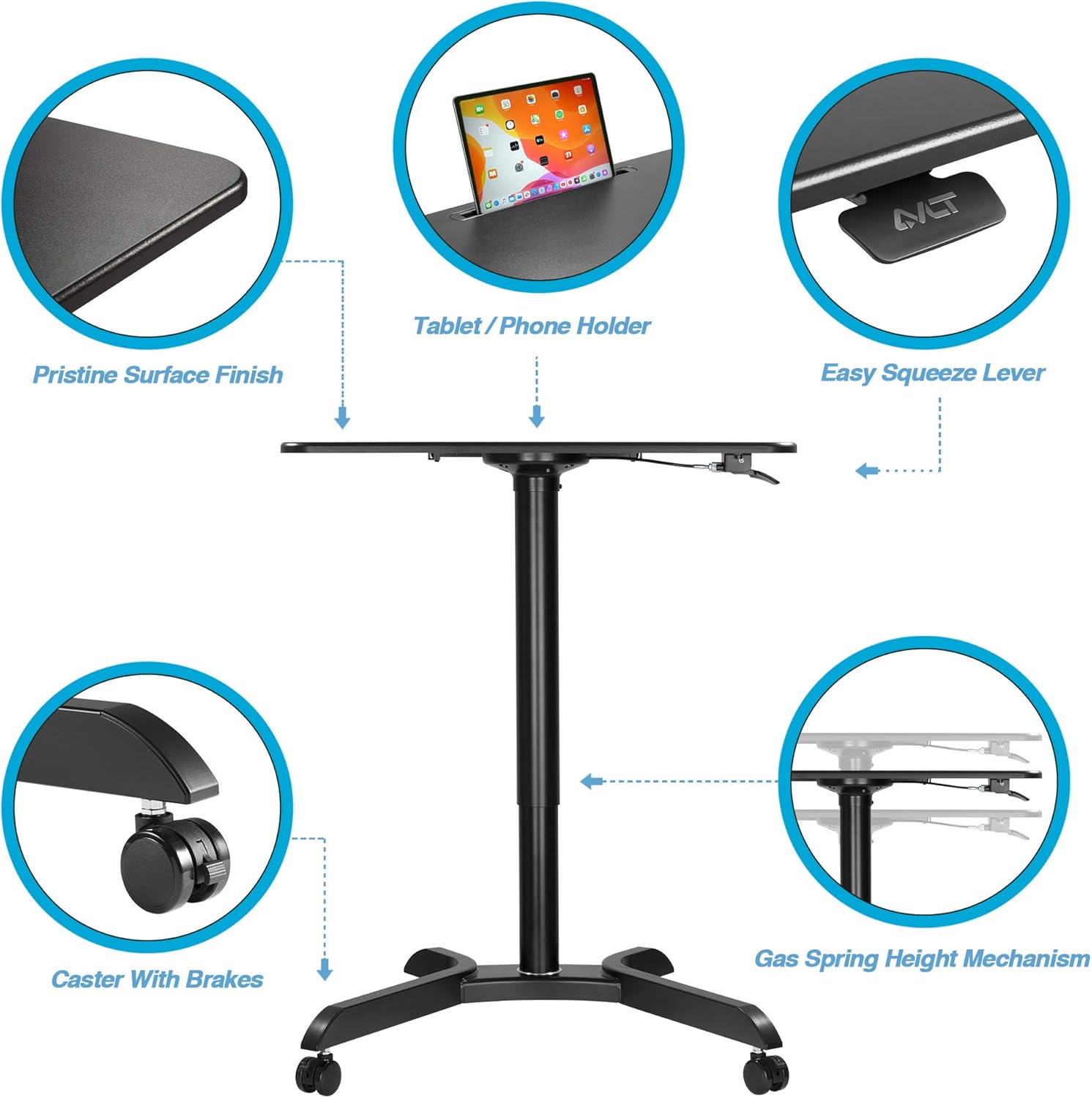 AVLT 44" Pneumatic Laptop Standing Desk Cart (3 ft 8 in) - Mobile Rolling Desk - Computer Cart - Rolling Height Adjustable Folding Desk - Mobile Black Cart with Brake Casters: Office Products