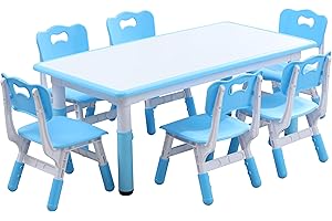 JIAOQIU Kids Table and Chairs, Kids Table (6 Chairs) Kids Table and Chair Set, Toddler Table and Chairs, Kids Table and Chair Set 5-8 Year Old with 4 Leg Covers +12 Color pens