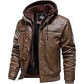 HOOD CREW Men Faux Leather Jacket with Detachable Hood Casual Motorcycle Bomber Jackets Outerwear