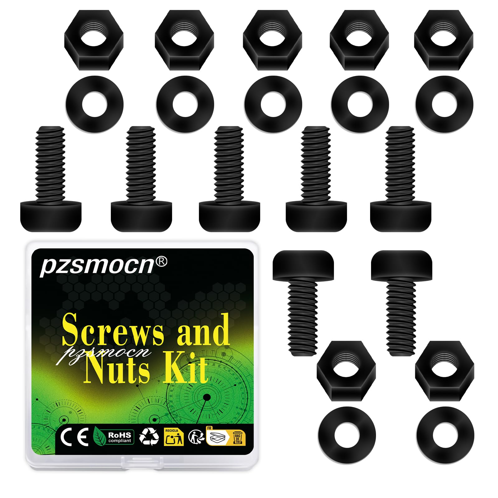 Pzsmocn 300 Pieces/100 Sets M2*8 mm Plastic Black Nylon Cross Round Head Screw Hexagonal Nut Combination Kit, with Insulating Washers, Standard Size, For DIY and Electronic Assembly.