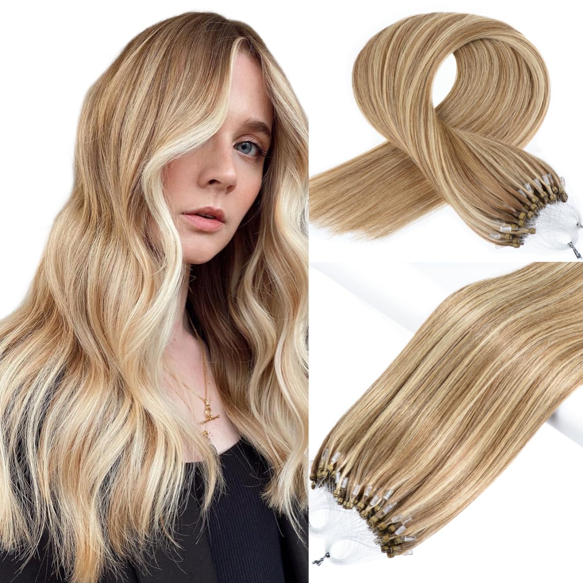 Micro Loop Hair Extensions Real Human Hair 1g/Strand 50s/Pack Straight Hair Pre-Blonded Micro Beads Hair Extensions Micro Rings 18" Color P#8/613