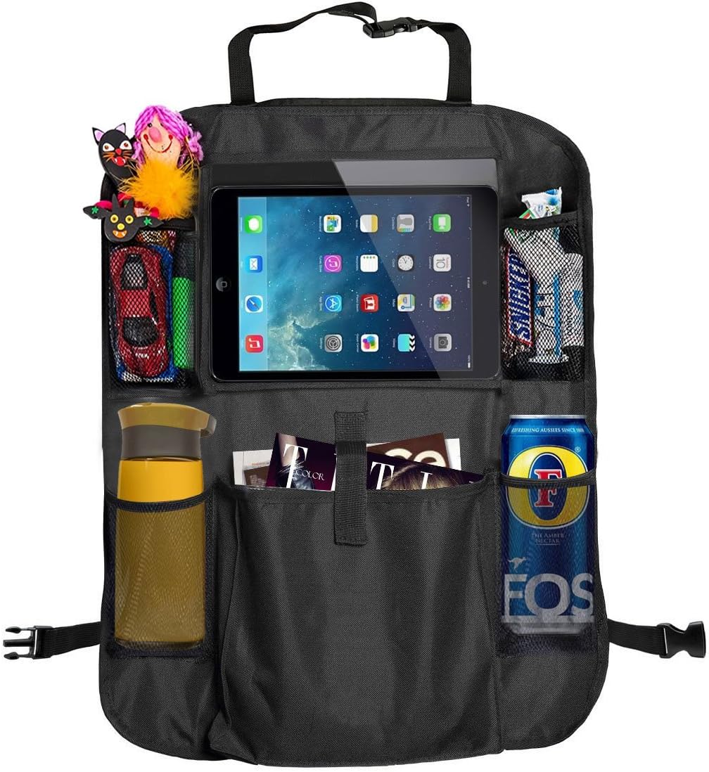 Carmoni Luxury Car Back Seat Organizer with 9.7" Touch Screen Tablet/iPad Holder - Multipurpose Use as Auto Seat Back Protector, Kick Mat, Car Organizer for Baby Stroller & Kid Travel Accessories