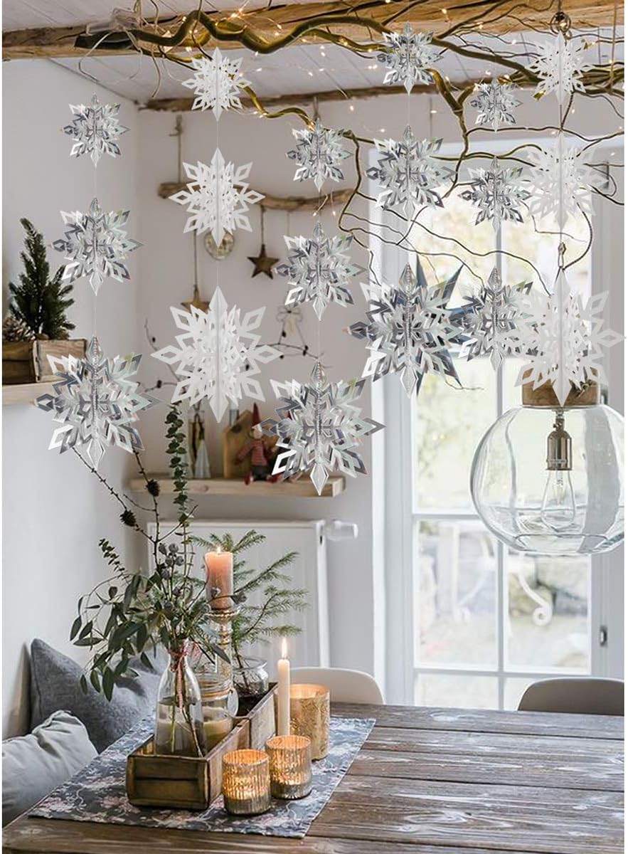Crafare Christmas Hanging Snowflake Decorations 18PCS 3D White Silver