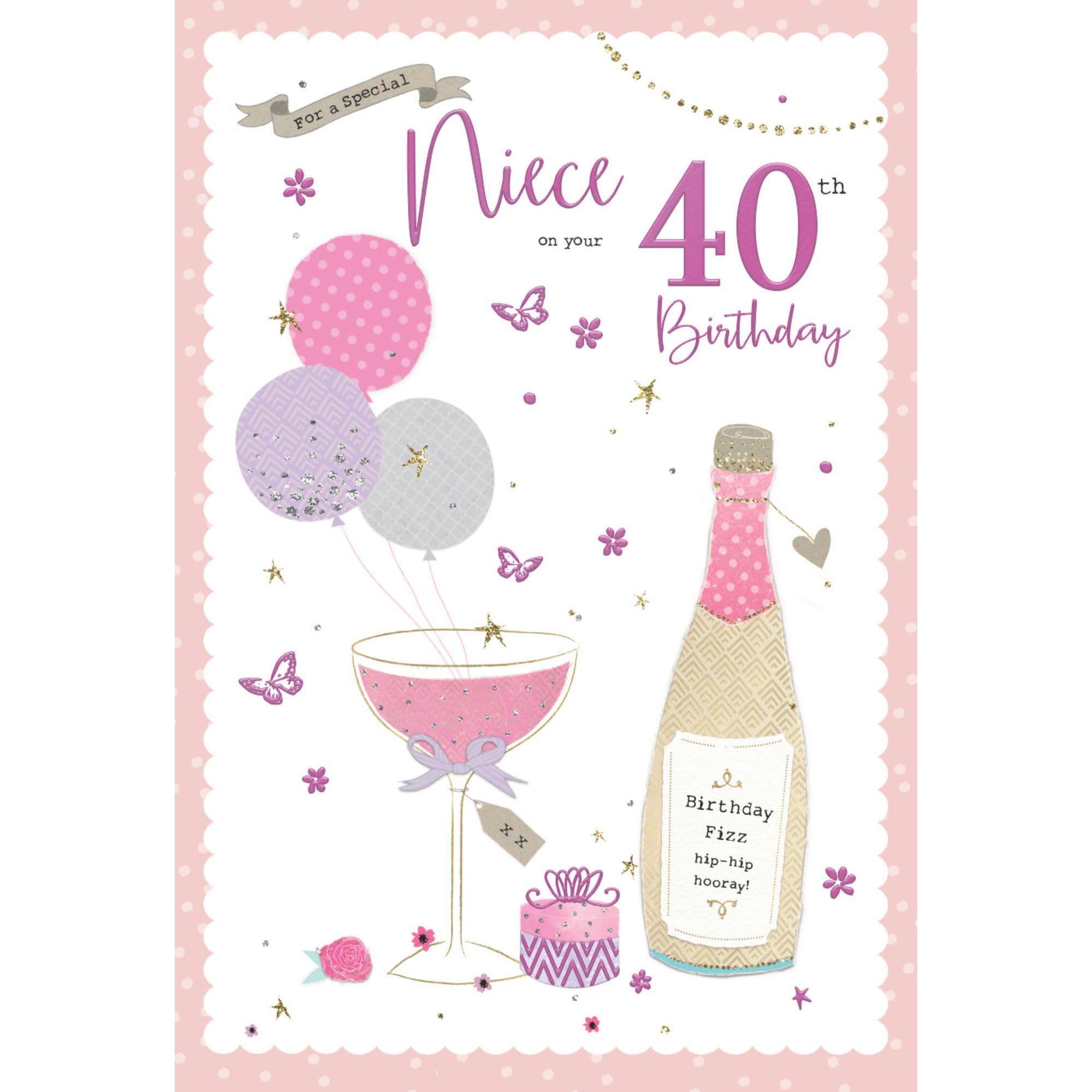 IC&G 40th Birthday Card for Niece - Pretty Champagne & Balloon Design - Embossed Foil Finish - Age 40 Birthday Greeting Card for a Special Niece - For Her